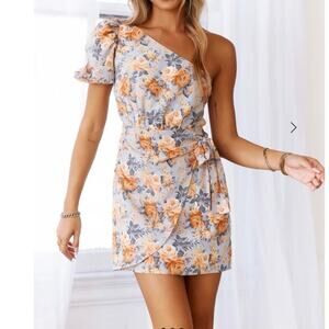 Hello Molly NEW Size 10 Flowers of the Sun Mini Dress Blue Orange One Shoulder